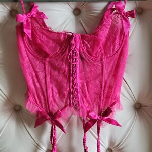 NWT Victoria's Secret Hot Pink Lace Bustier Corset Top Thong Panties Set